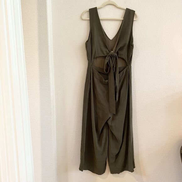 Fourteen & 9th Jumpsuit Olive Green Open Tie Zip Back Wide Leg‎ Large Boho - Picture 5 of 12